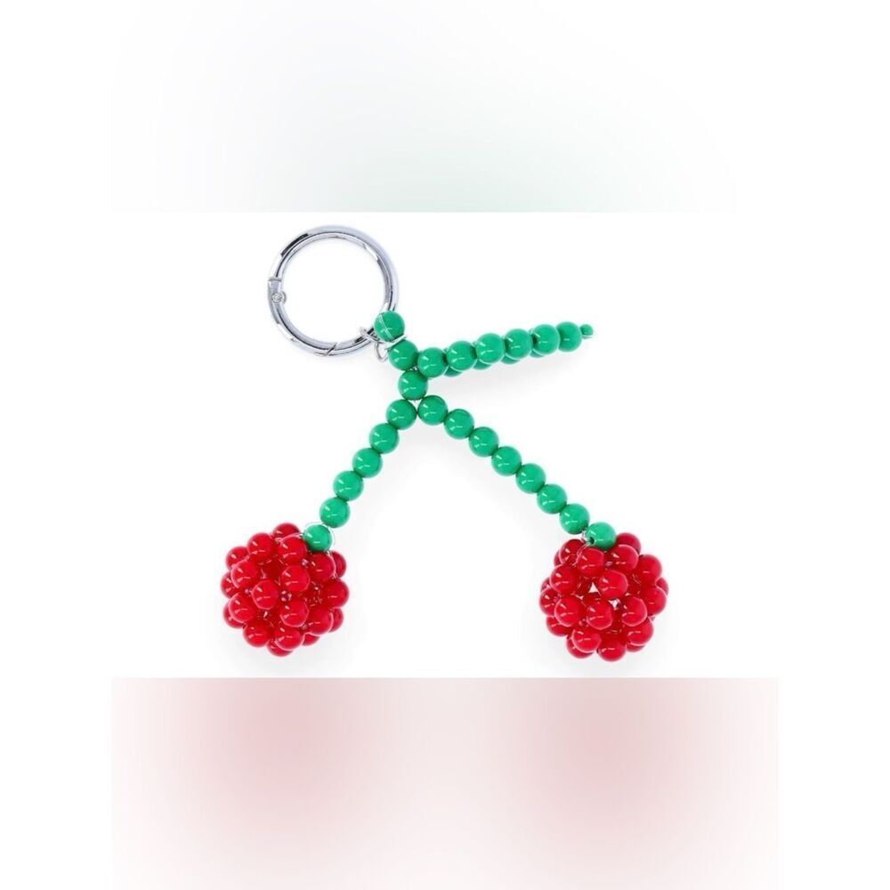 New Beaded Cherry Keychain Bag Charm - Green & Red